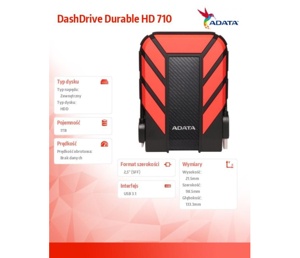 ADATA HD710 PRO 1TB USB 3.2 Gen. 1 Czarno-Czerwony - 392671 - zdjęcie 2